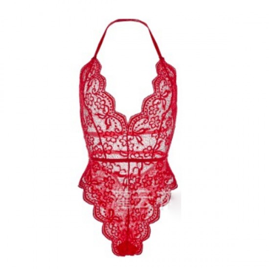 Show Image for Elegant Hollow Out Halter Neck Lace Shapewear Bodysuit - Red Elegant Hollow Out Halter Neck Lace Shapewear Bodysuit - Red |image