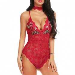Perfect Lace See-through Embroidery Rose One-piece Lace Bodysuit - Red