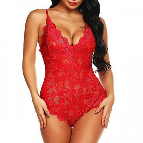 Luxury Lace Lingerie Garter Belts Nightwear Women Bodysuit - Red |image