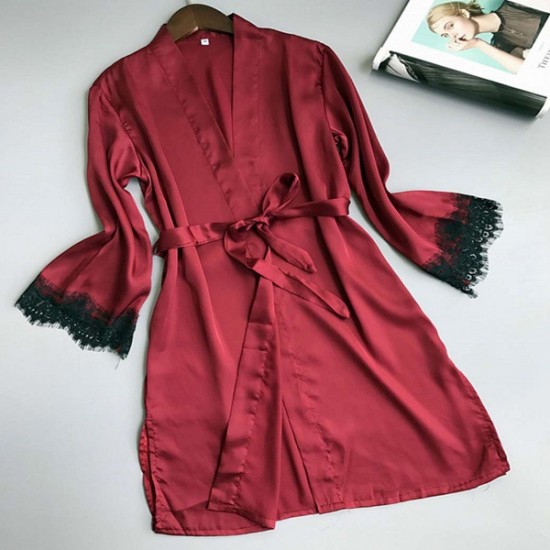 Elegant Contrast Lace Robe Satin Belt Cami Full Sleeve Nightdress - Red |image