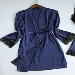 Elegant Contrast Lace Robe Satin Belt Cami Full Sleeve Nightdress - Blue