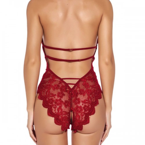 Hanging Neck Strap Backless Nightwear Flora Lace Bodysuit - Red |image