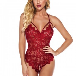 Hanging Neck Strap Backless Nightwear Flora Lace Bodysuit - Red
