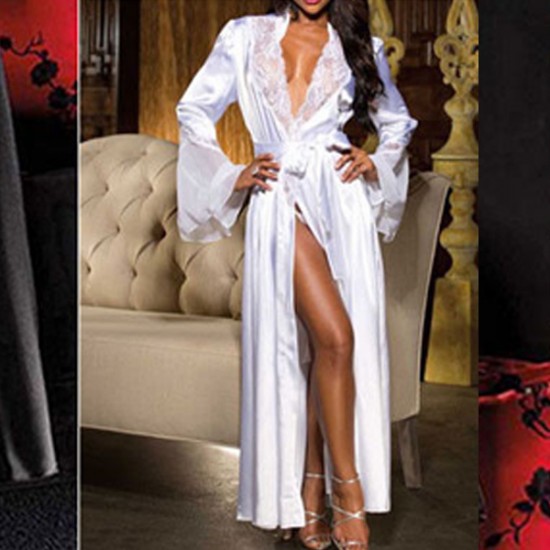 Explosive Style Long Bathrobe Robe Nightgown Lingerie Nightdress - White |image