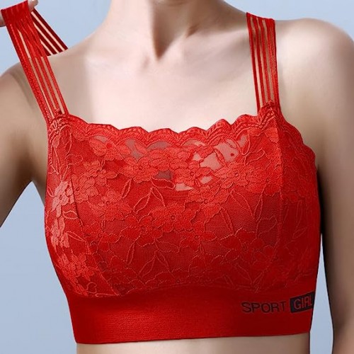 Beautiful Back Lace Sports Thin Mold Cup Women Bra - Red |image