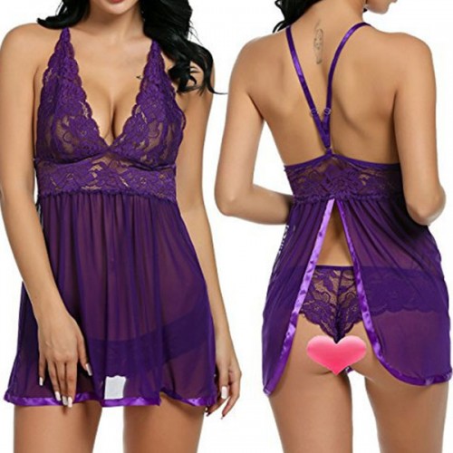 Elegant Transparent Lace Mesh Halter Neck Mini Nightwear - Purple |image