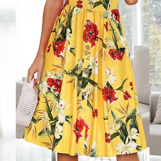 show image for V Neck Sleeveless Big Hem Florals Print Sling Women Midi Dress - Yellow Big Hem Florals Print Sling Women Midi Dress - Yellow |image