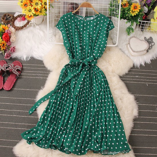  Polka Dot Sleeveless High Waist Bandage Midi Dress - Green |image