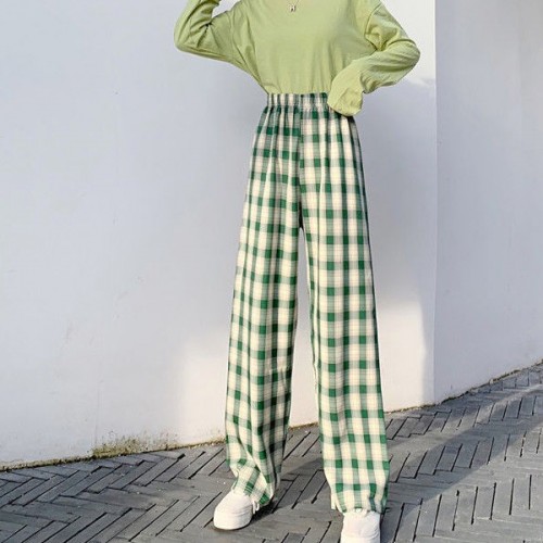 Vintage High Waist Wide Leg Straight Lose Thin Plaid Trouser Pants - Green |image