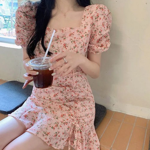 Elegant A Line Floral Puff Sleeve High Waist Squire Neck Mini Dress - Pink |image