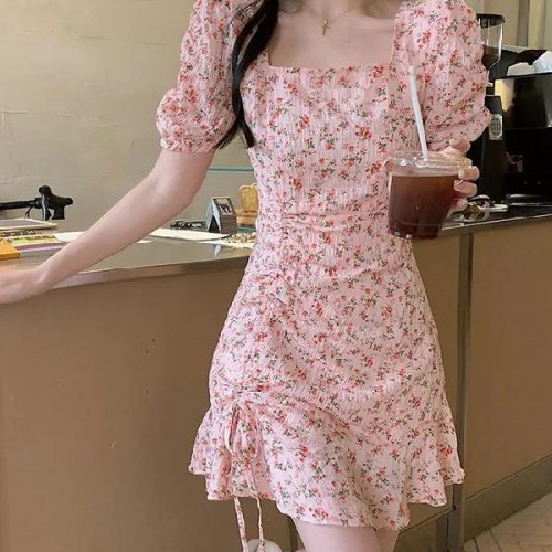 Elegant A Line Floral Puff Sleeve High Waist Squire Neck Mini Dress - Pink |image