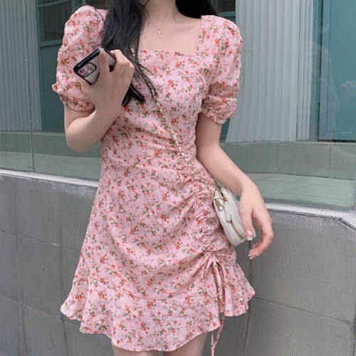 Elegant A Line Floral Puff Sleeve High Waist Squire Neck Mini Dress - Pink |image