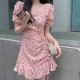 Elegant A Line Floral Puff Sleeve High Waist Squire Neck Mini Dress - Pink |image