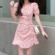 Elegant A Line Floral Puff Sleeve High Waist Squire Neck Mini Dress - Pink |image