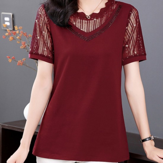 Sweet Style Mesh Short Sleeve Diamond Women Tops - Red |image