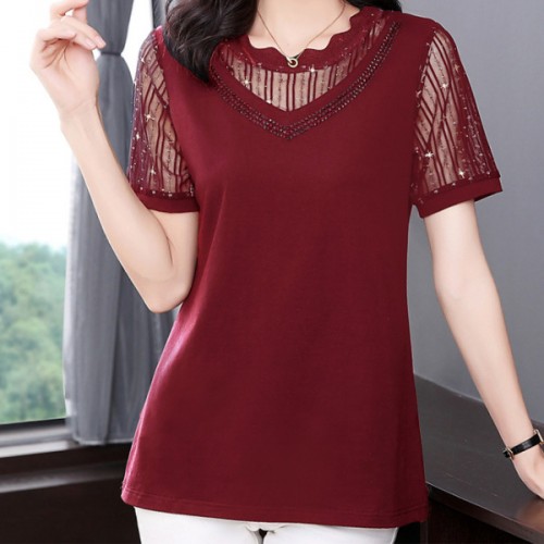 Sweet Style Mesh Short Sleeve Diamond Women Tops - Red |image