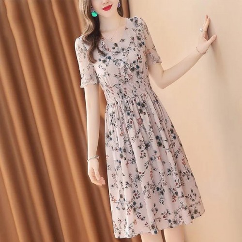 Retro Style Floral Short Sleeved V-neck Elastic Slimming Midi Dress - Pink |image