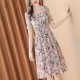 Retro Style Floral Short Sleeved V-neck Elastic Slimming Midi Dress - Pink |image