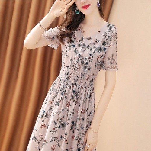 Retro Style Floral Short Sleeved V-neck Elastic Slimming Midi Dress - Pink |image