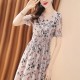 Retro Style Floral Short Sleeved V-neck Elastic Slimming Midi Dress - Pink |image