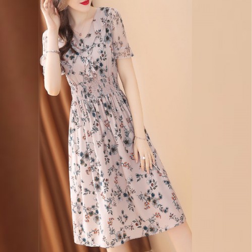 Retro Style Floral Short Sleeved V-neck Elastic Slimming Midi Dress - Pink |image