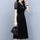 Elegant Hollows Lace Short Sleeved Mid-length Aline Skirt Dress - Black |image
