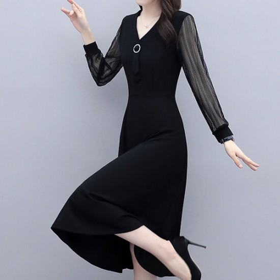 Elegant Hollows Lace Short Sleeved Mid-length Aline Skirt Dress - Black |image