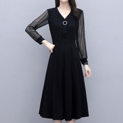 Elegant Hollows Lace Short Sleeved Mid-length Aline Skirt Dress - Black