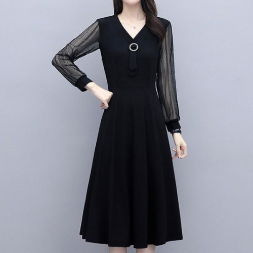 Elegant Hollows Lace Short Sleeved Mid-length Aline Skirt Dress - Black |image