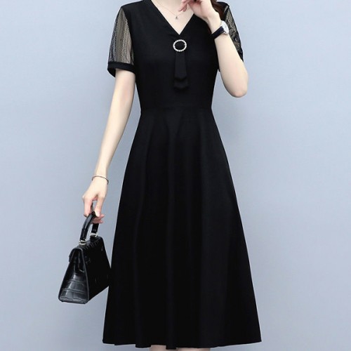 Elegant Hollows Lace Short Sleeved Mid-length Aline Skirt Dress - Black |image