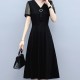 Elegant Hollows Lace Short Sleeved Mid-length Aline Skirt Dress - Black |image