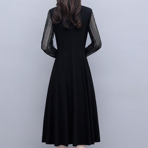 Elegant Hollows Lace Short Sleeved Mid-length Aline Skirt Dress - Black |image