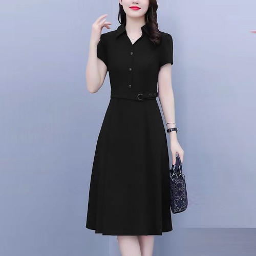 Elegant Style High Waist Short Sleeve Front Buttons Midi Dress - Black |image