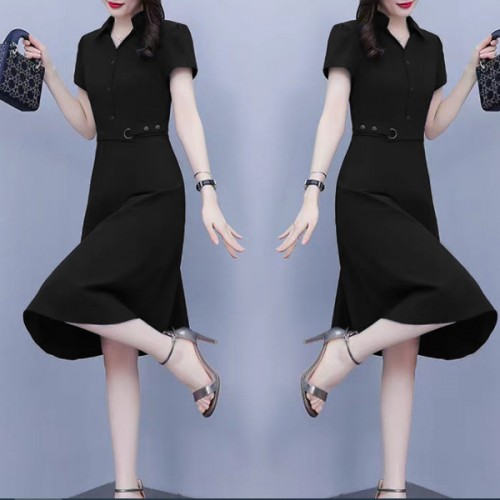 Elegant Style High Waist Short Sleeve Front Buttons Midi Dress - Black |image