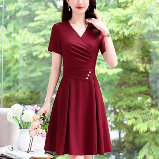 Luxury Style Waist Sliming V Neck Short Sleeve Midi Dress - Red |image