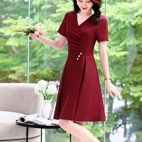 Luxury Style Waist Sliming V Neck Short Sleeve Midi Dress - Red |image