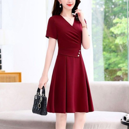 Luxury Style Waist Sliming V Neck Short Sleeve Midi Dress - Red |image