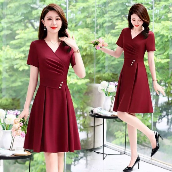Luxury Style Waist Sliming V Neck Short Sleeve Midi Dress - Red |image