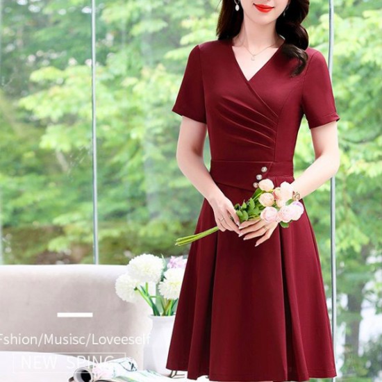 Luxury Style Waist Sliming V Neck Short Sleeve Midi Dress - Red |image