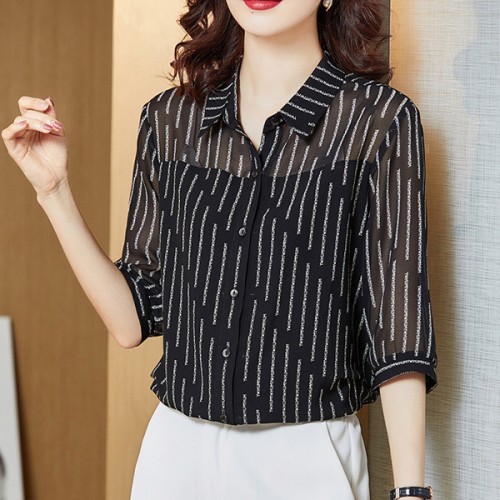 Trendy Button Closure Polo Collar Women Tops - Black |image