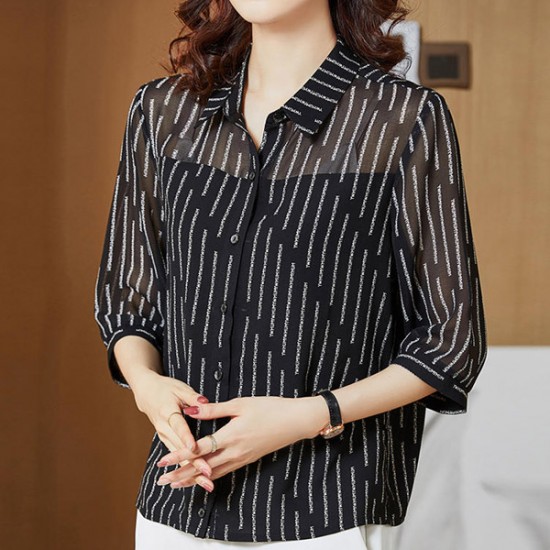 Trendy Button Closure Polo Collar Women Tops - Black |image