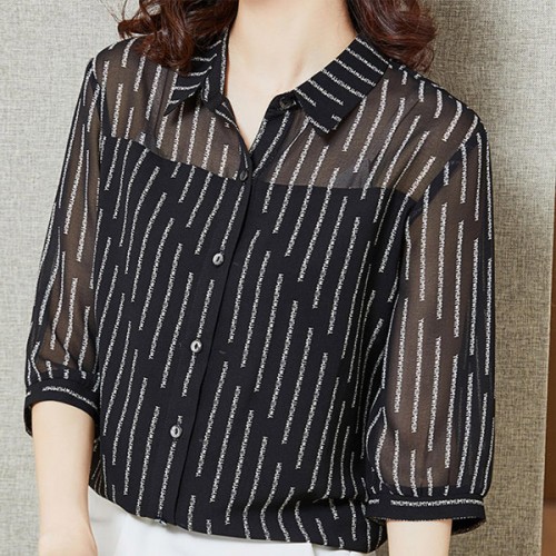 Trendy Button Closure Polo Collar Women Tops - Black |image