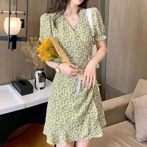 Floral Side Slit Short Button Down Puff Sleeve Mini Dress - Green |image