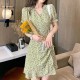 Floral Side Slit Short Button Down Puff Sleeve Mini Dress - Green |image
