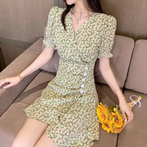 Floral Side Slit Short Button Down Puff Sleeve Mini Dress - Green |image
