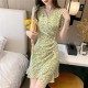 Floral Side Slit Short Button Down Puff Sleeve Mini Dress - Green |image