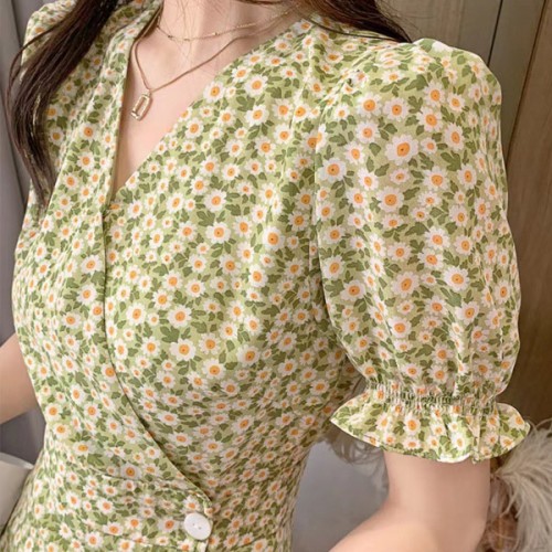 Floral Side Slit Short Button Down Puff Sleeve Mini Dress - Green |image