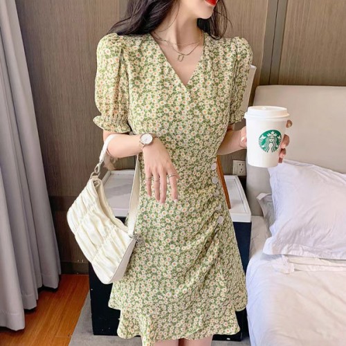 Floral Side Slit Short Button Down Puff Sleeve Mini Dress - Green |image