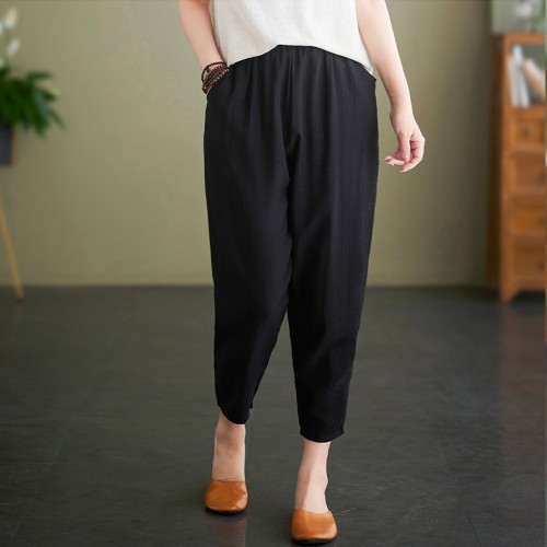 Trendy Side Pockets Loose Fit Harem Wide Leg Elastic Trouser Pants - Black |image