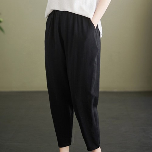 Trendy Side Pockets Loose Fit Harem Wide Leg Elastic Trouser Pants - Black |image